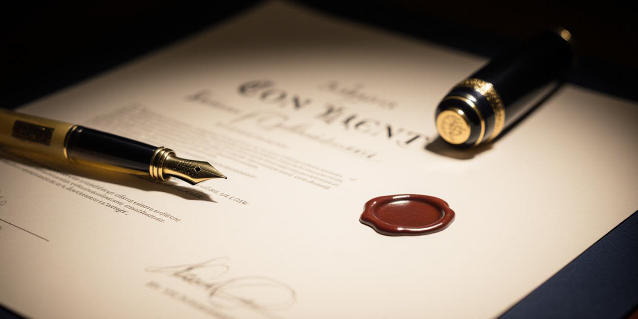 Close up of a legal contract with a fountain pen and wax seal