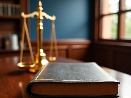Close up of luxury law office wooden desk with gold scales of justice