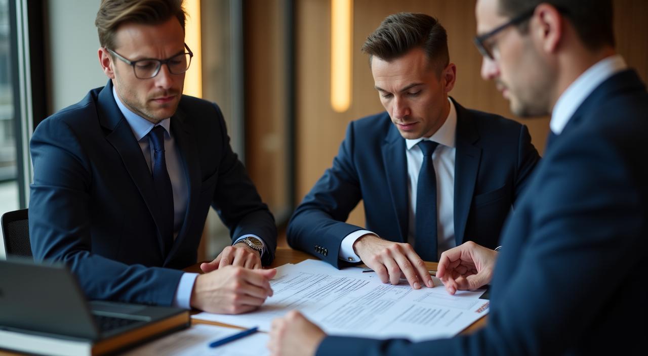 Two professionals discussing a complex legal contract in a high-end boardroom
