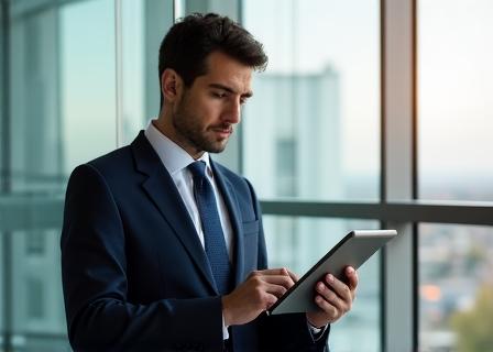 Legal professional reviewing digital contracts on a tablet